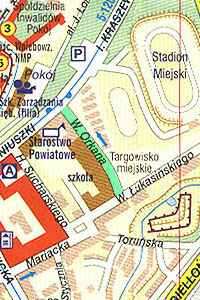 Wybrana ulica zostaa zaznaczona na planie miasta na zielono 