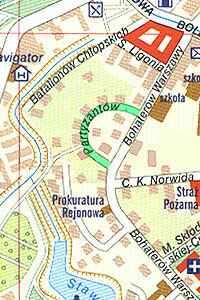 Wybrana ulica zostaa zaznaczona na planie miasta na zielono 