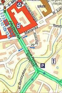 Wybrana ulica zostaa zaznaczona na planie miasta na zielono 